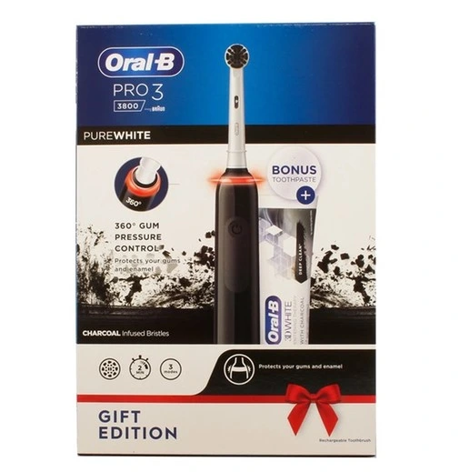 oral-b-pro-3800-electric-toothbrush-black-and-3d-white-toothpaste-masokala.com پک مسواک برقی اورال مدل Pro3 + خمیردندان 3D White