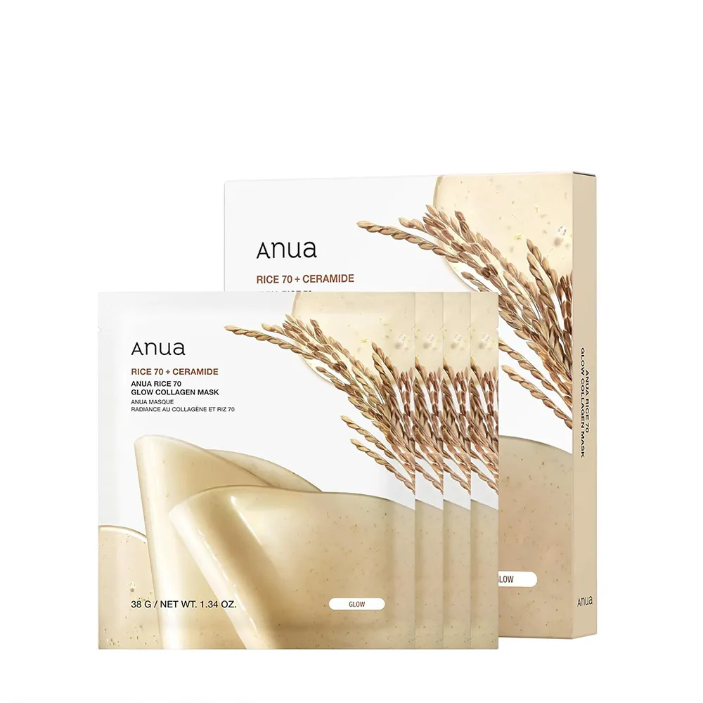 anua-rice-70-glow-collagen-mask-4-pcs-masokala.com ماسک ورقه ای برنج و سرامید کلاژن دار آنوا بسته 4 عددی